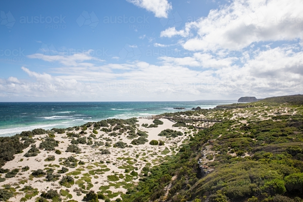 Coastal view with patches of grass and shrubs and a bridge leading to the shore - Australian Stock Image