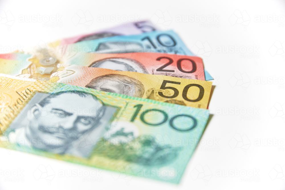 Collection of Australian banknotes arranged according to their value - Australian Stock Image