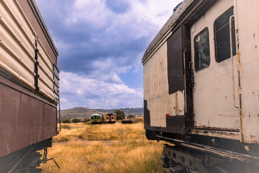 Collection of historic train carriages on display at the historic Merriwa Railway Station - Australian Stock Image