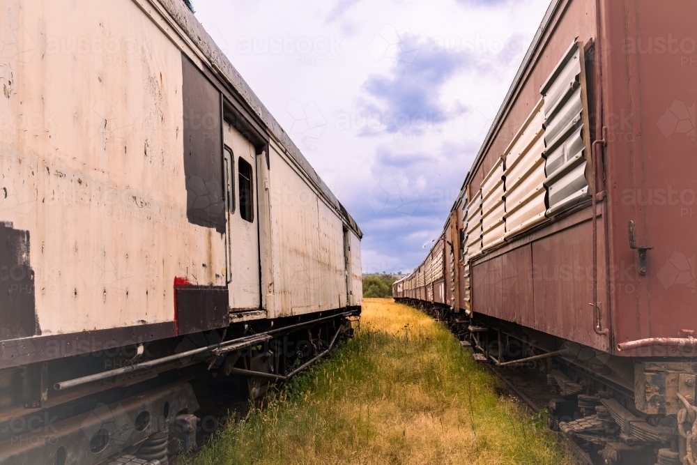 Collection of historic train carriages on display at the historic Merriwa Railway Station - Australian Stock Image