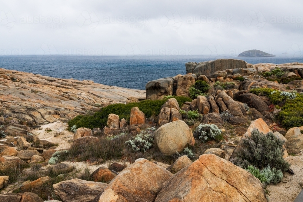 Colourful rocky foreshore with wildflowers under a stormy sky - Australian Stock Image