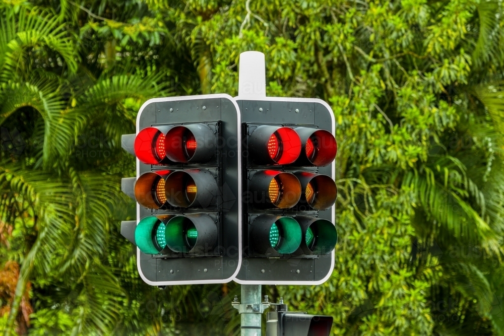 Confusion as all traffic lights show at the same time. - Australian Stock Image