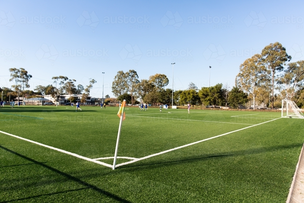 corner flag on a suburban football pitch - Australian Stock Image