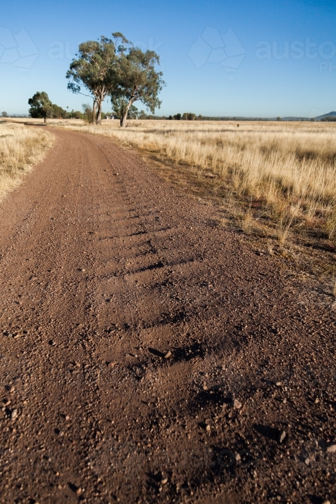 Corrugated gravel and dirt road driveway on farm - Australian Stock Image