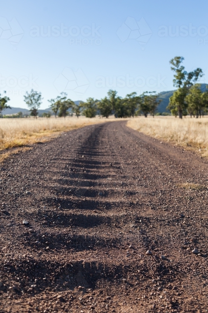 Corrugated gravel and dirt road driveway on farm - Australian Stock Image