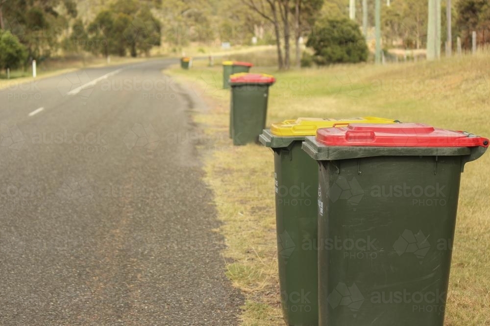 Council bins by the side of a rural road - Australian Stock Image