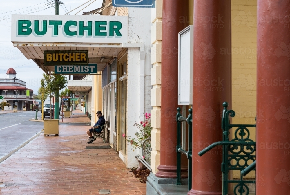 Country town main street with butcher shop sign - Australian Stock Image