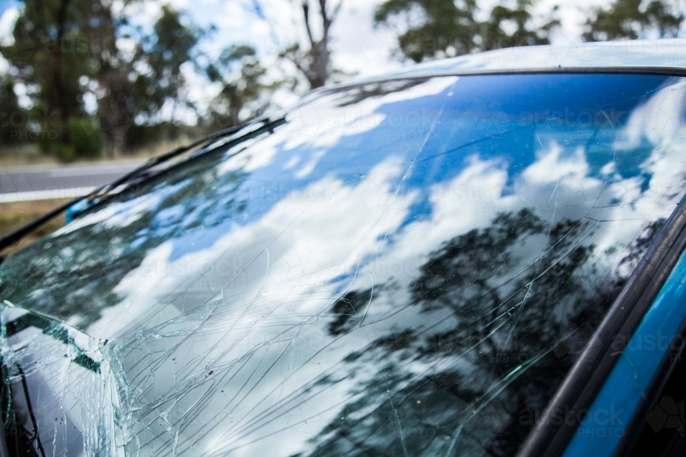 Cracked car windscreen smashed in crash - Australian Stock Image