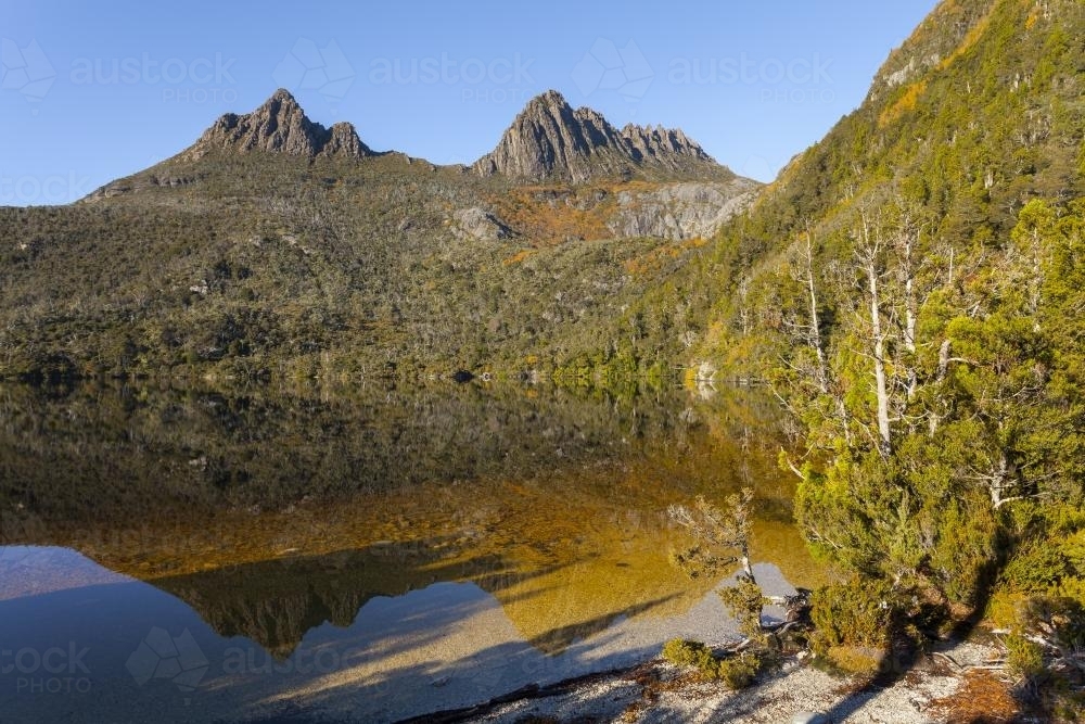 Cradle Mountain from the shore of Dove Lake - Australian Stock Image