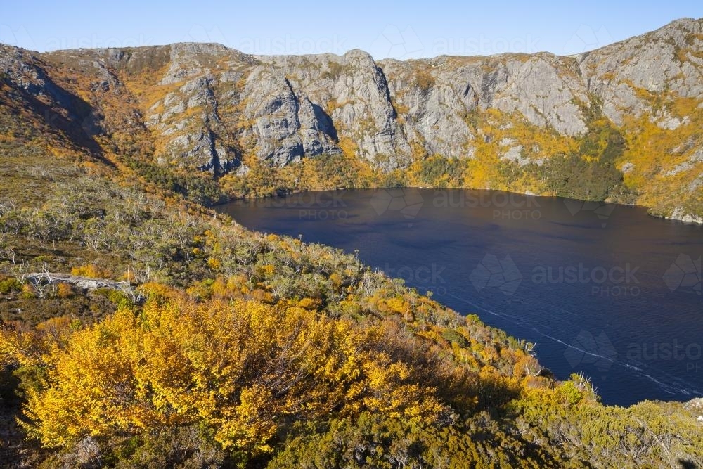 Crater Lake in autumn splendor - Australian Stock Image