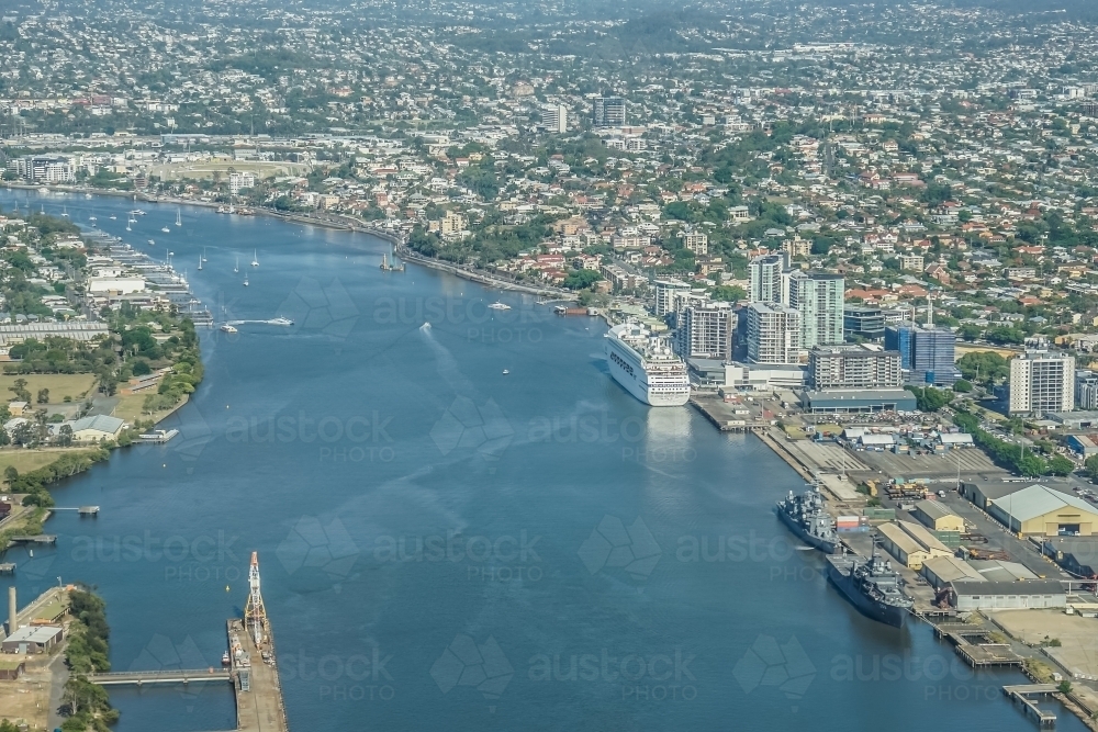 Cruise ship in Brisbane river at Dockside from above - Australian Stock Image