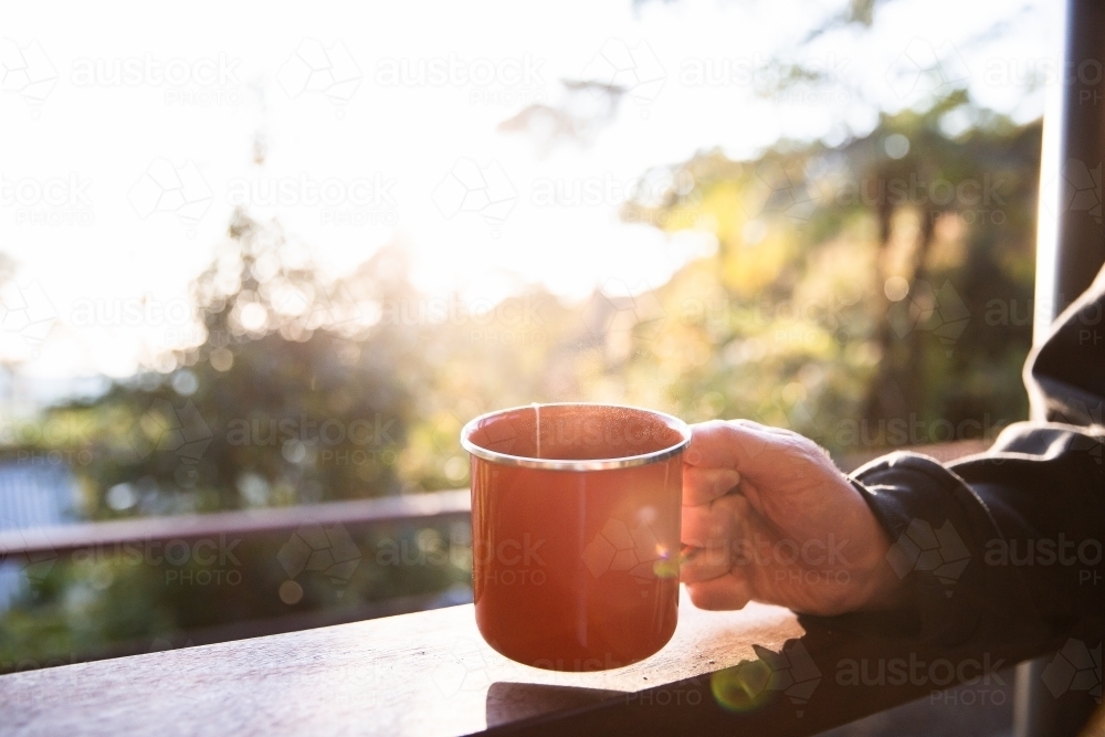 dawn cuppa while camping - Australian Stock Image