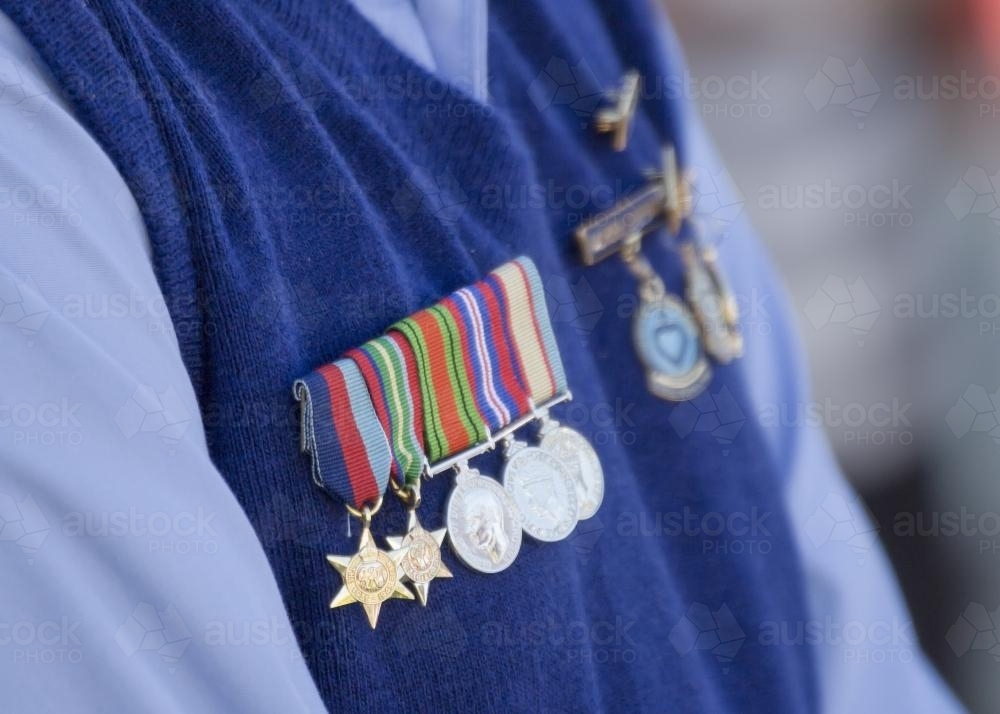 Detail of war medals on ANZAC Day - Australian Stock Image