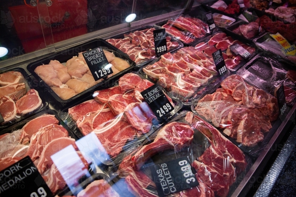 different cuts of meat at a butchers shop - Australian Stock Image