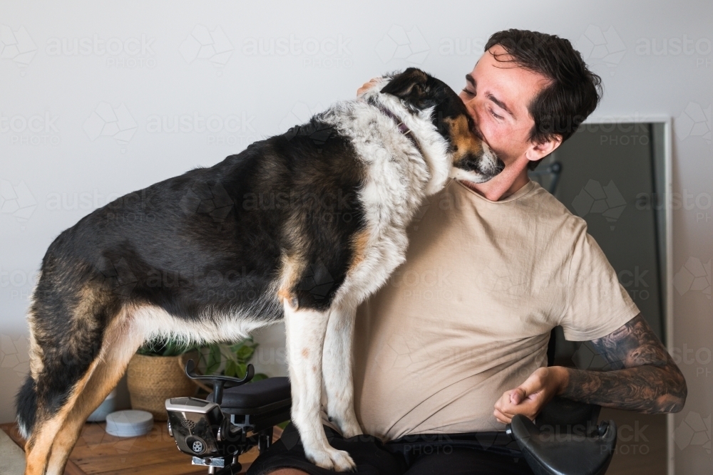 disabled man with his affectionate dog at home - Australian Stock Image