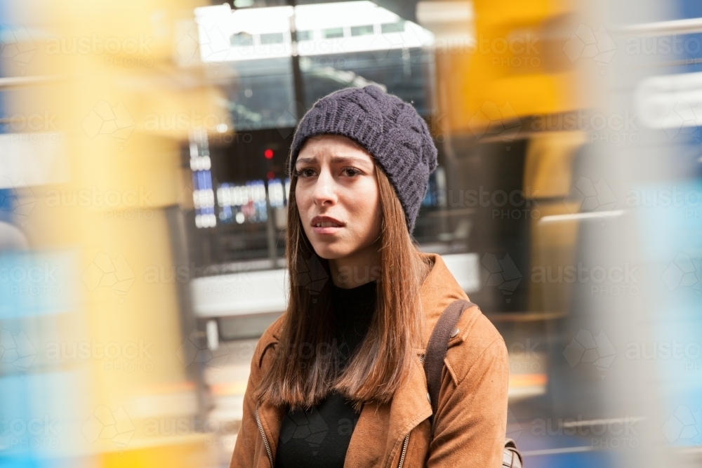 Disappointed woman after missing the Train - Australian Stock Image