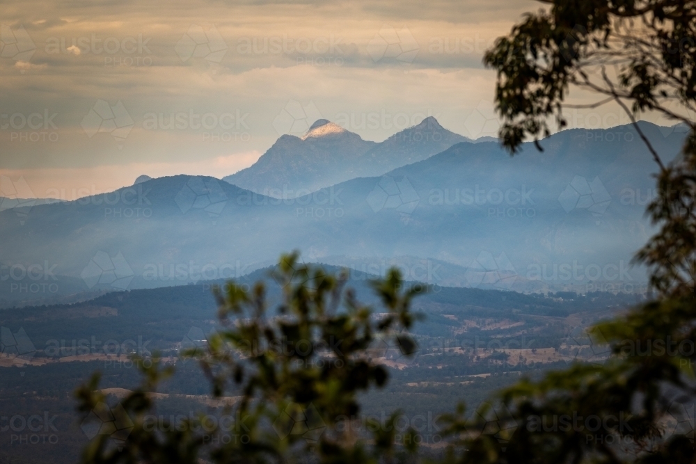 Distant mountains in smoky weather - Australian Stock Image