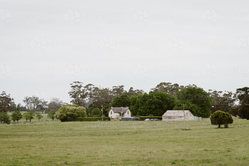 distant old English style farm house on a field with a shed - Australian Stock Image