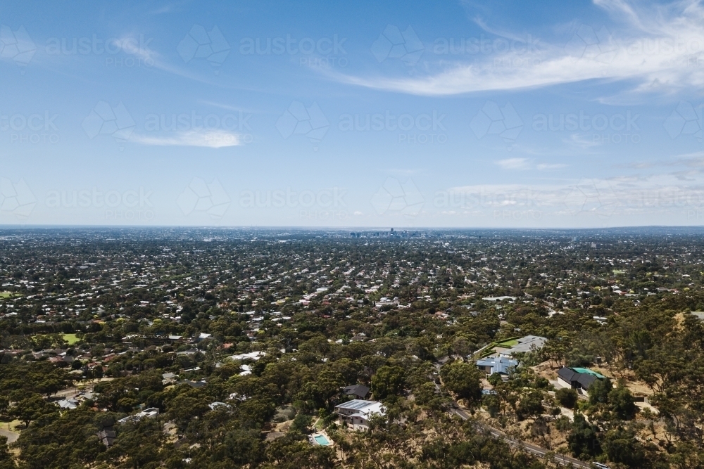 drone aerial landscape of suburbs looking to Adelaide city - Australian Stock Image