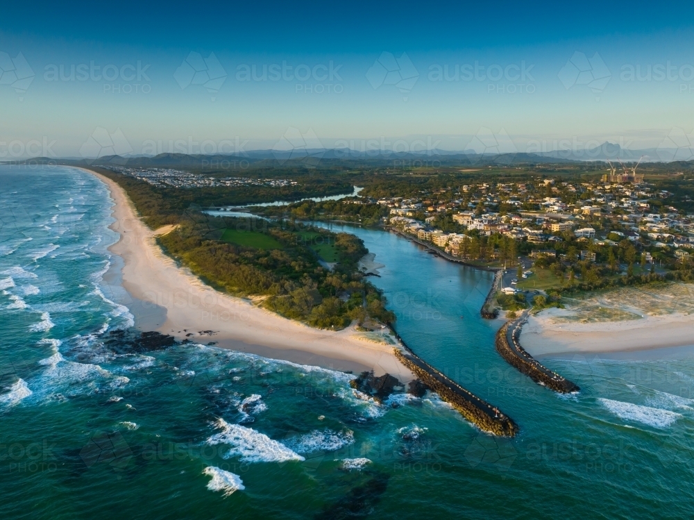 Drone image of Cudgen Creek Mouth at Kingscliff - Australian Stock Image