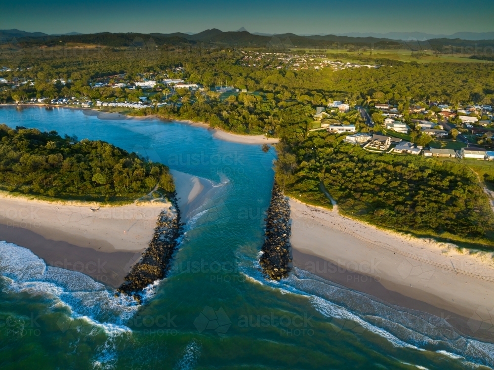 Drone images of Mooball Creek mouth at Pottsville - Australian Stock Image