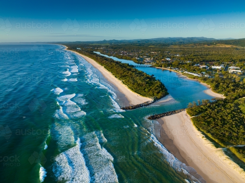 Drone images of Mooball Creek mouth at Pottsville - Australian Stock Image