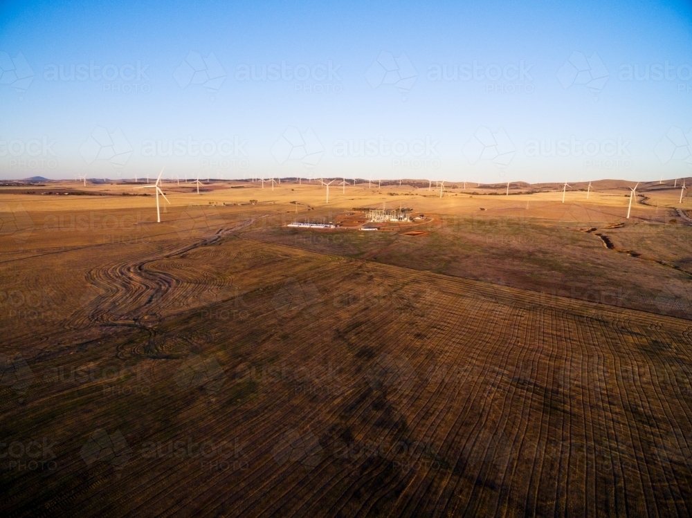 Drone shot of wind turbines and battery - Australian Stock Image