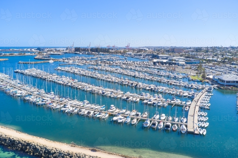 Drone view of boats and yachts at Fremantle Sailing Club - Australian Stock Image