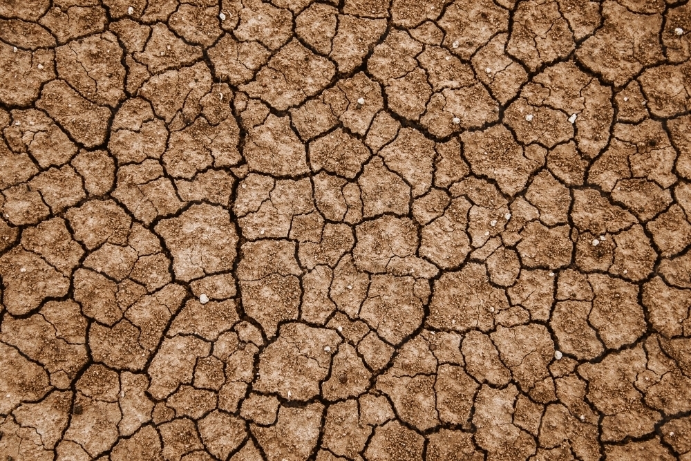 Dry brown cracked soil texture from above - Australian Stock Image