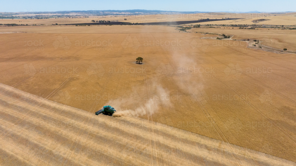Dry-land farming machinery harvesting crop in farm paddock - Australian Stock Image