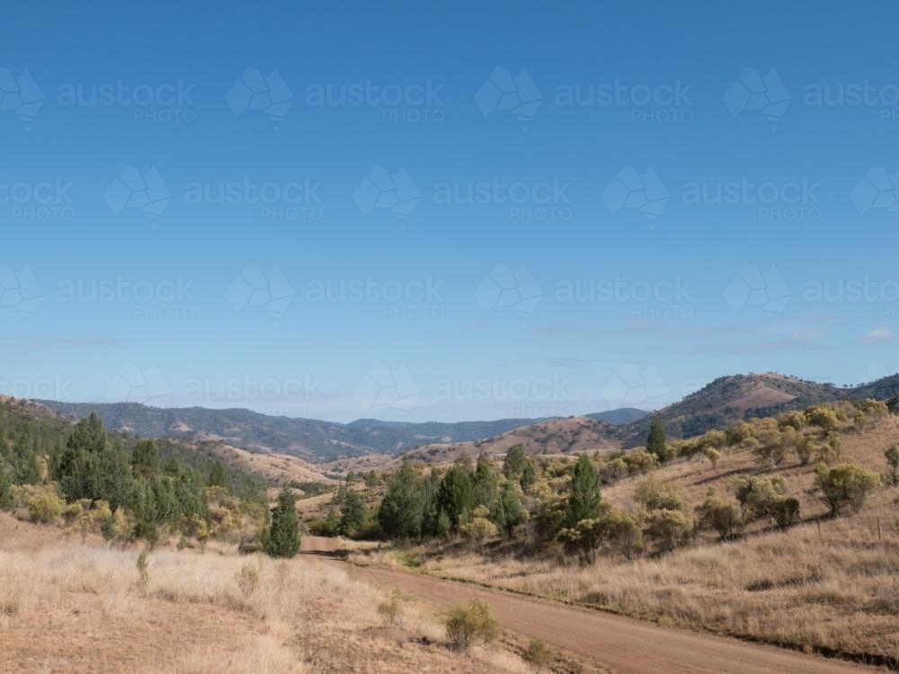 Dry summer countryside with brown grass and clear blue sky - Australian Stock Image