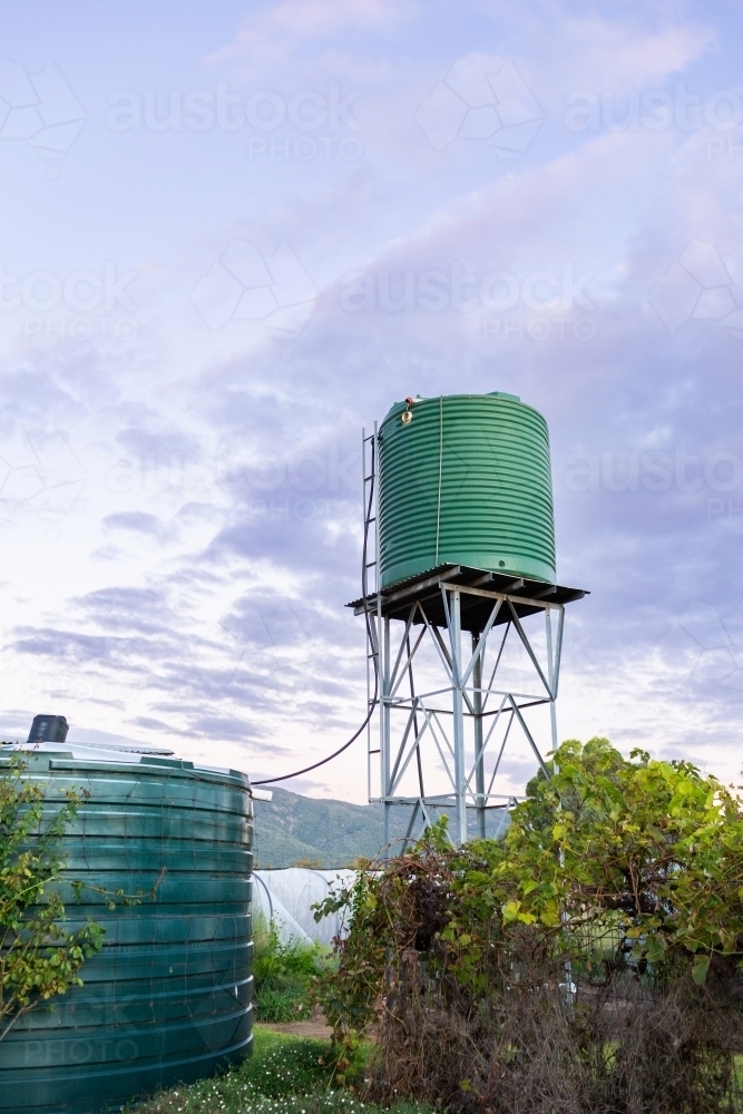 elevated rainwater tank supplying water pressure to house - Australian Stock Image