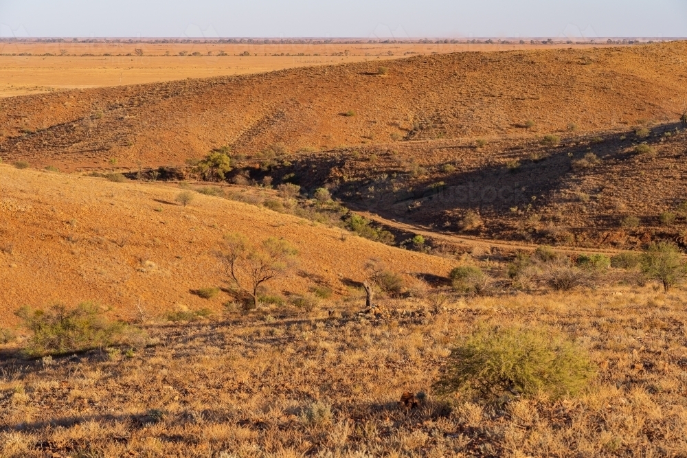 Elevated view of arid hillsides tapering down to a tree lined valley - Australian Stock Image