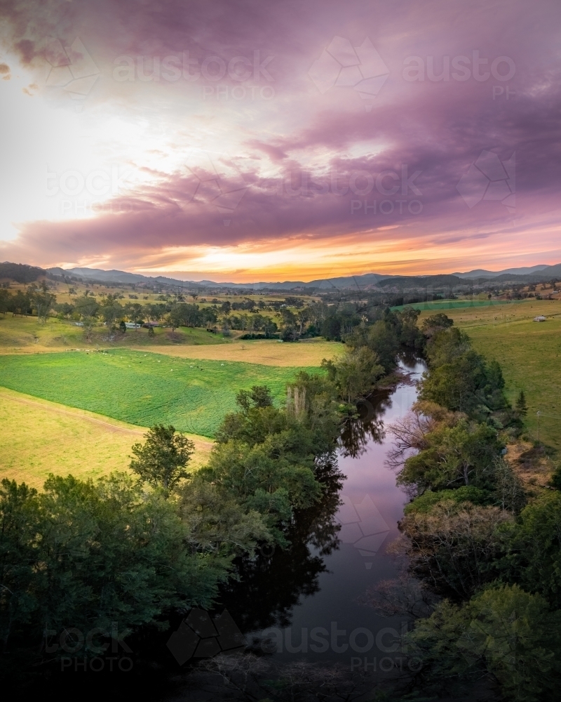 Elevated view of rural agricultural land and waterways - Australian Stock Image