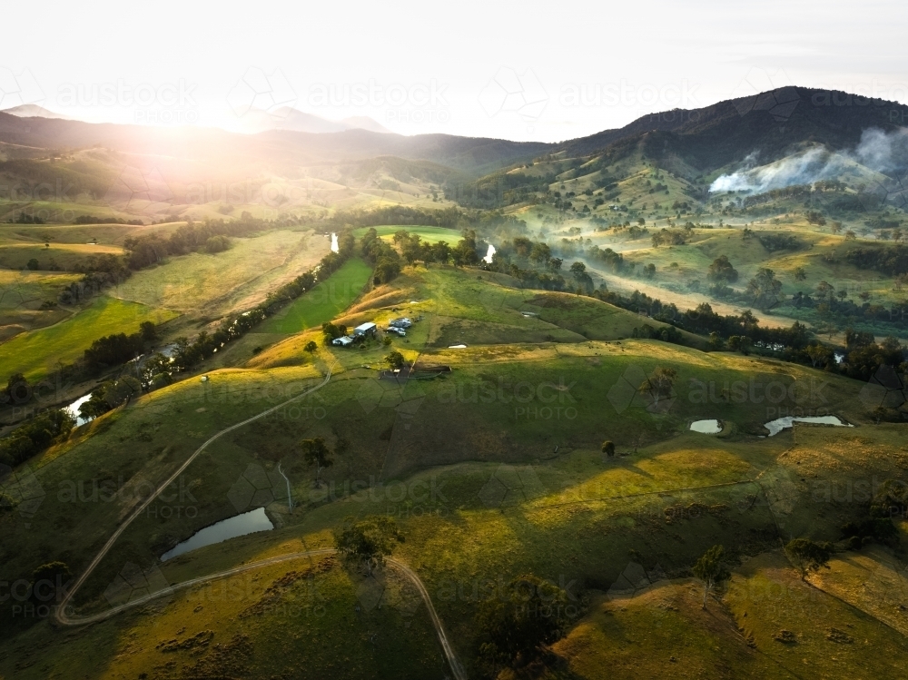 Elevated view of rural agricultural land and waterways - Australian Stock Image