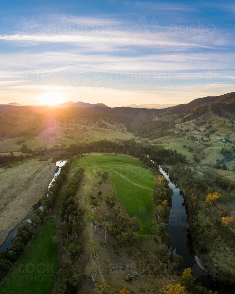 Elevated view of rural agricultural land and waterways - Australian Stock Image