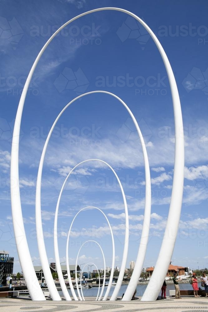 Elliptical sculpture against the sky - Australian Stock Image