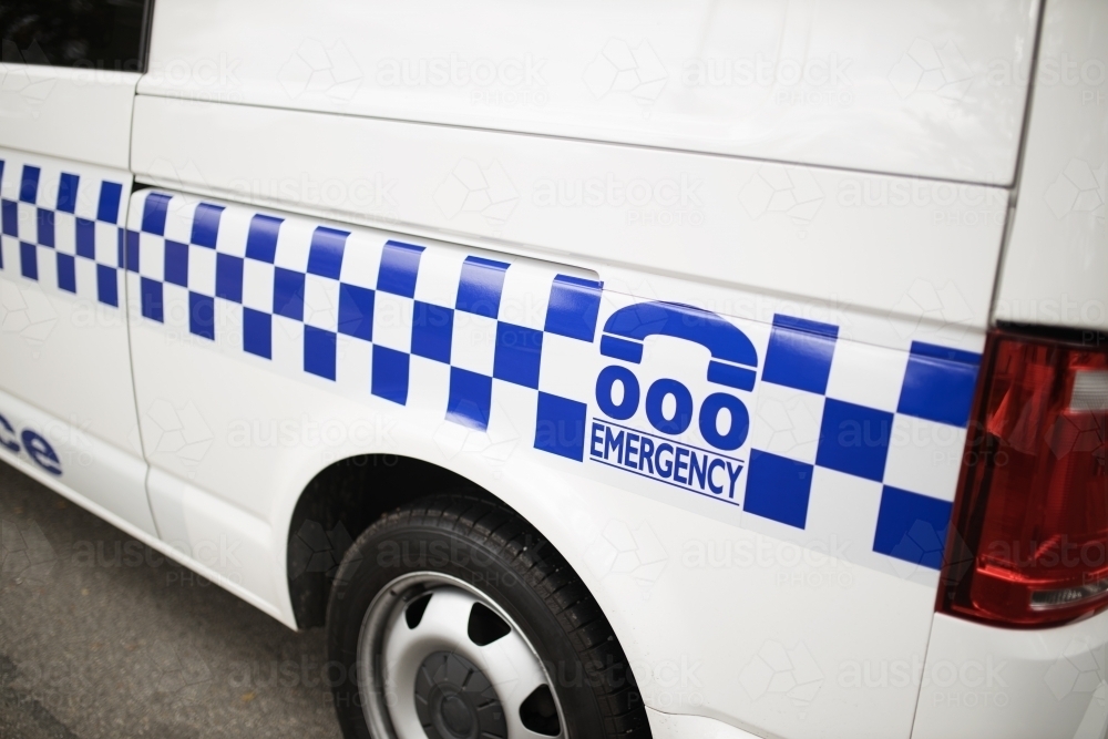 emergency number triple zero on an australian police van - Australian Stock Image