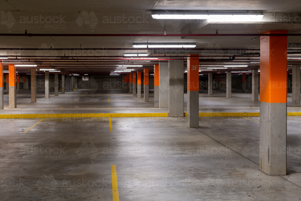 Empty commercial car park lanes and pylons. - Australian Stock Image
