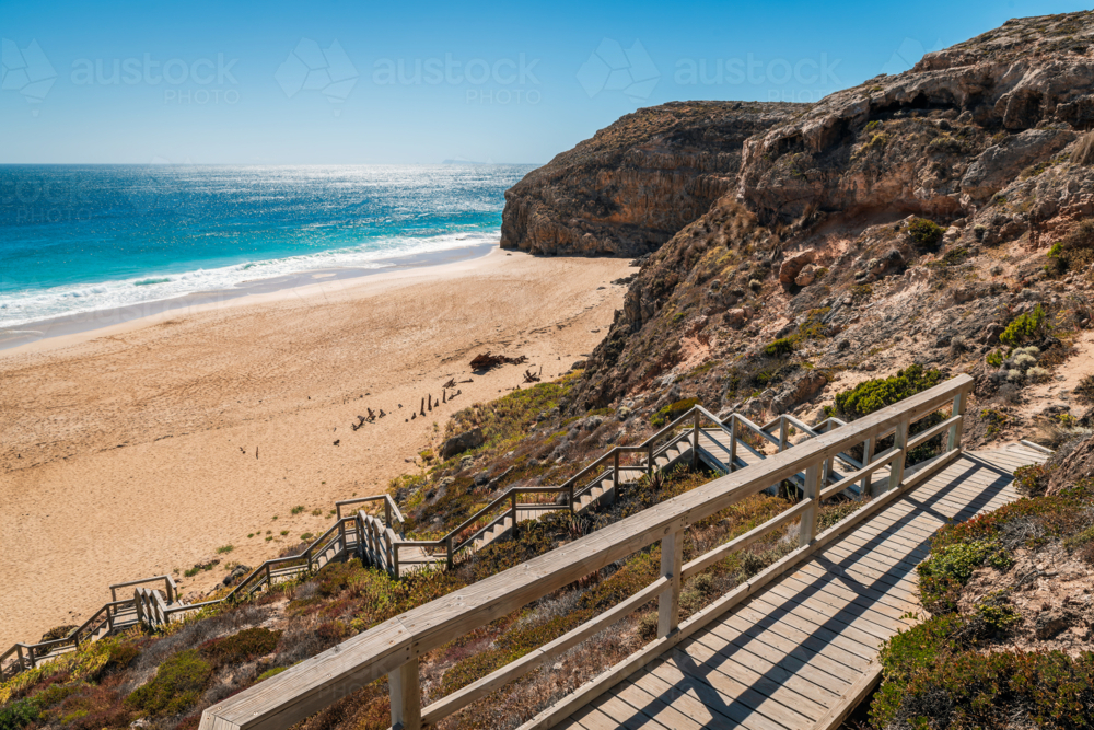 Ethel Wreck Beach boardwalk viewed  from the lookout towards the ocean on a bright day - Australian Stock Image