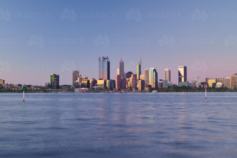 Evening view of the skyline of Perth, Australia, across the Swan River - taken in 2021 - Australian Stock Image