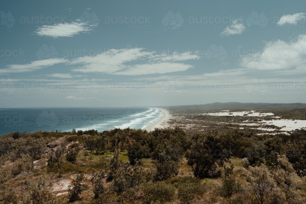 Expansive coastline view as seen from Cape Moreton Lighthouse - Australian Stock Image