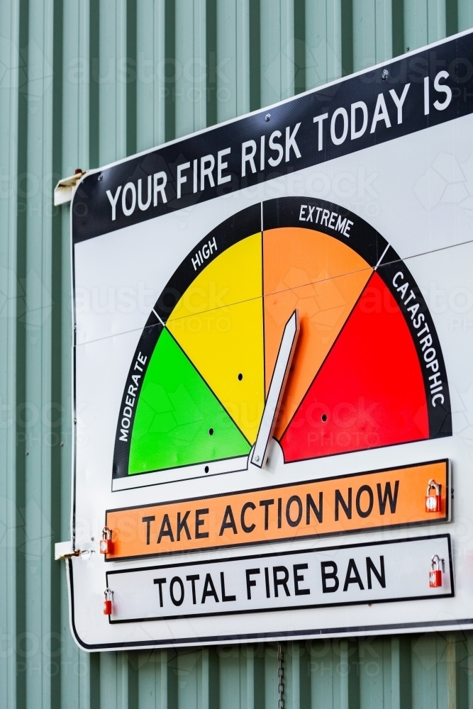 extreme fire risk today take action now total fire ban signage on fire station - Australian Stock Image