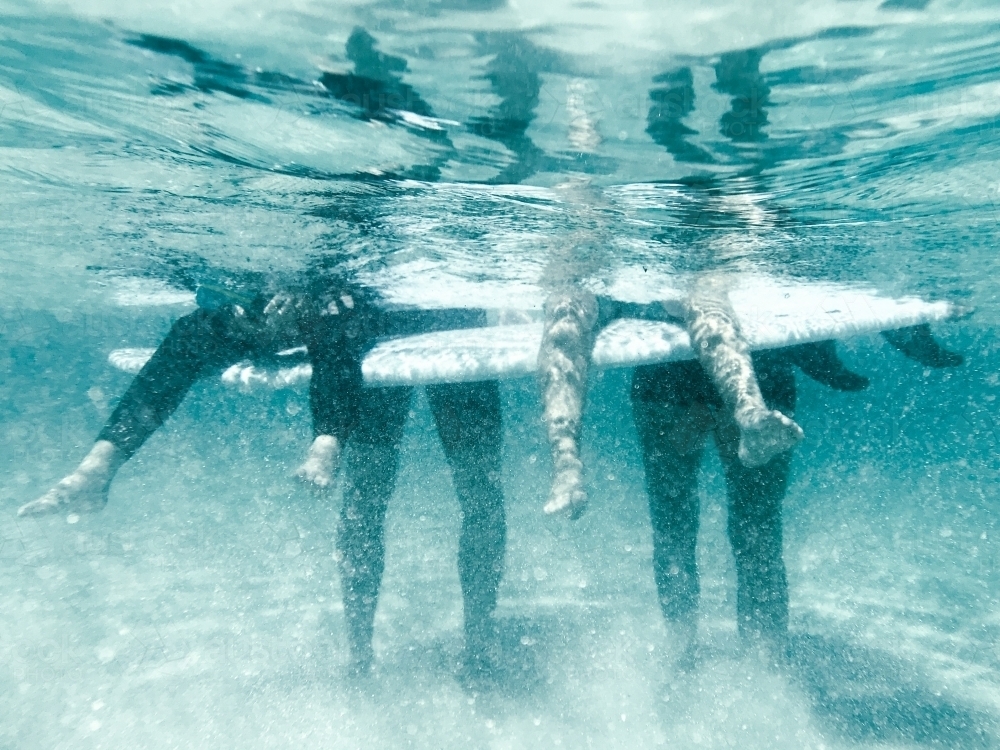 Family of fours portrait of legs underwater on surfboard - Australian Stock Image