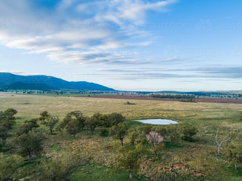 Farm dam in rural environment seen from drone - Australian Stock Image