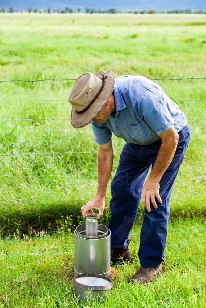 Farmer checking rain gauge after drought has broken and paddocks are green - Australian Stock Image