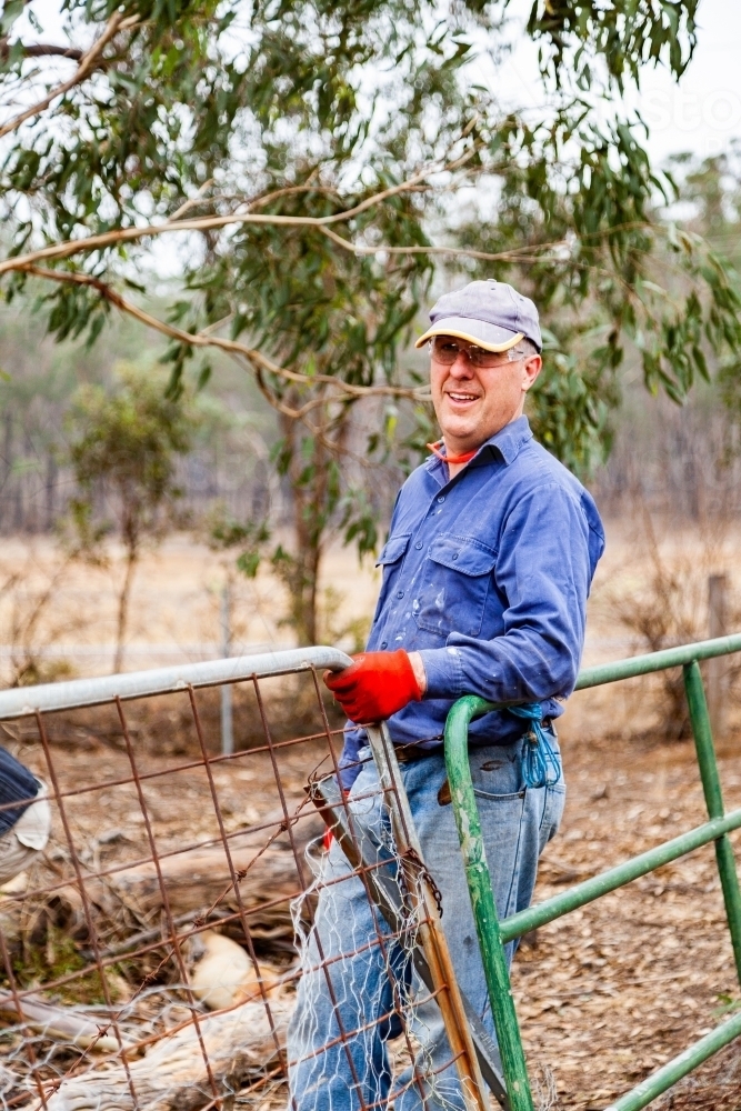 Farmer doing quick repair on broken fence with old gates and wire - Australian Stock Image