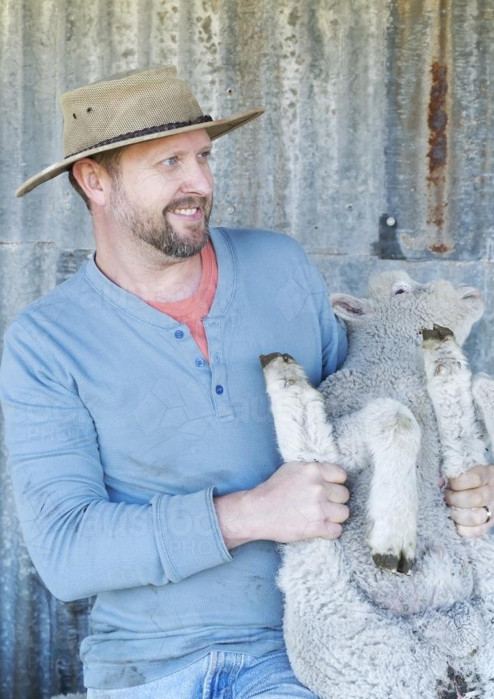 Farmer Holding a Lamb - Australian Stock Image