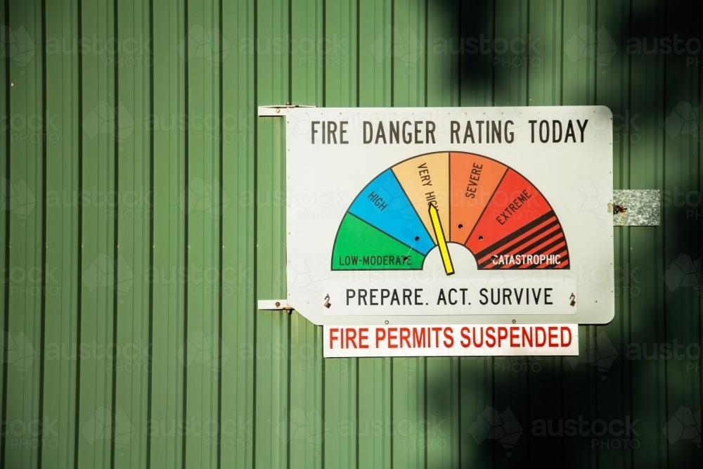 Fire danger rating sign with fire permits suspended sign below - Australian Stock Image