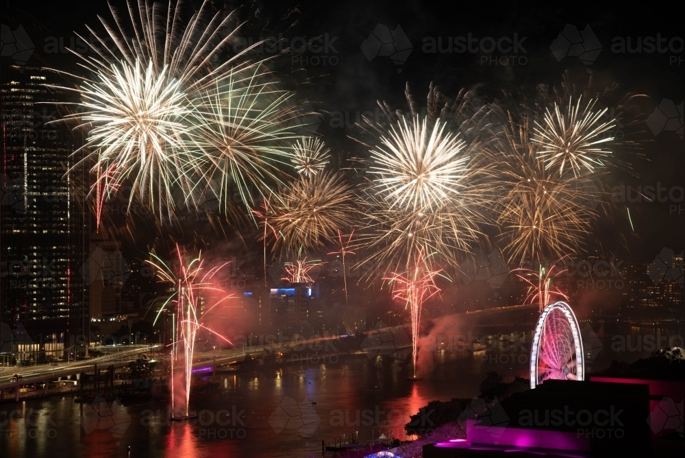 Fireworks over brisbane river - Australian Stock Image